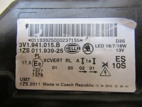 LAMPA PRZÓD SKODA SUPERB 3 III 3V1 KSENON SKRĘTNY 15-19 LH 3V1941015B